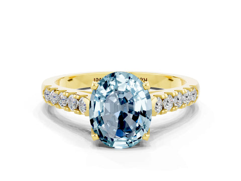 Yellow gold {shape_name} Aquamarine Solitaire Ring with Pavé Band and Four-Prong Setting