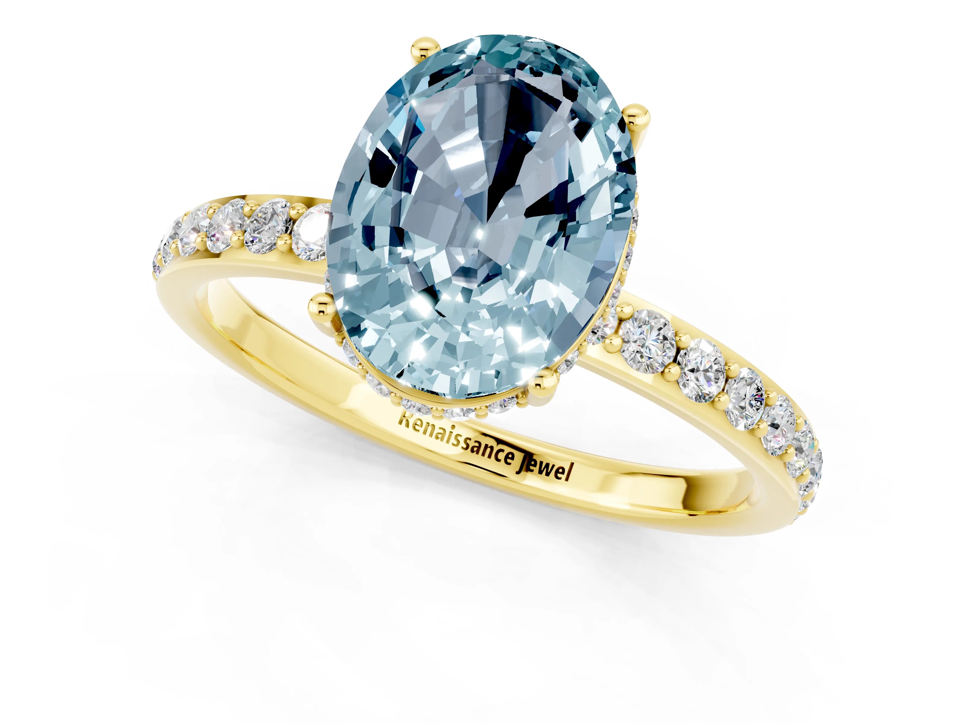 Yellow gold {shape_name} Aquamarine Solitaire Ring with Pavé Band and Hidden Halo_1