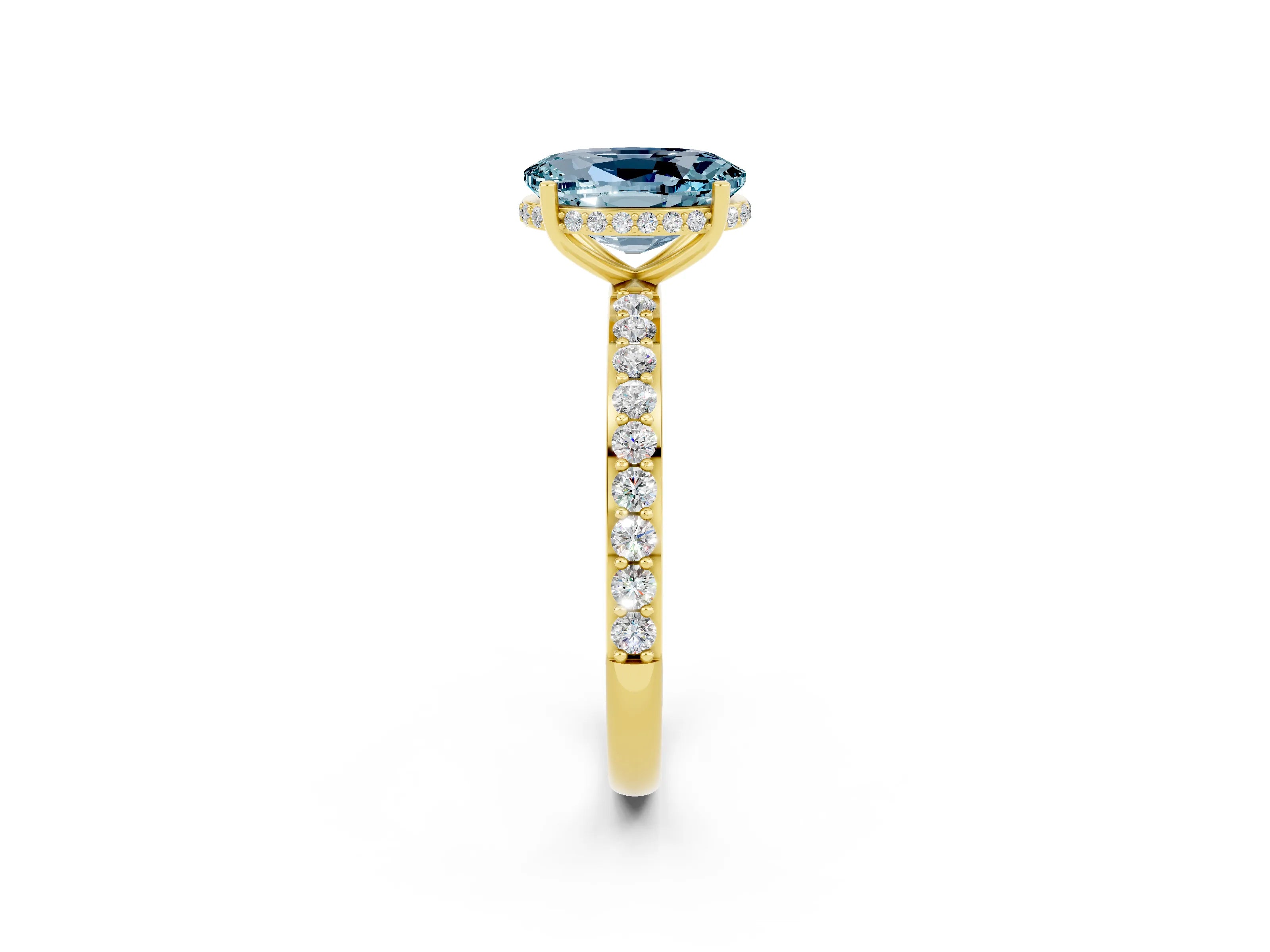 Yellow gold {shape_name} Aquamarine Solitaire Ring with Pavé Band and Hidden Halo_2