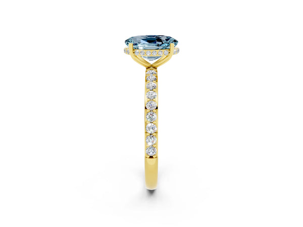 Yellow gold Oval Cut Aquamarine Solitaire Ring with Pavé Band and Hidden Halo