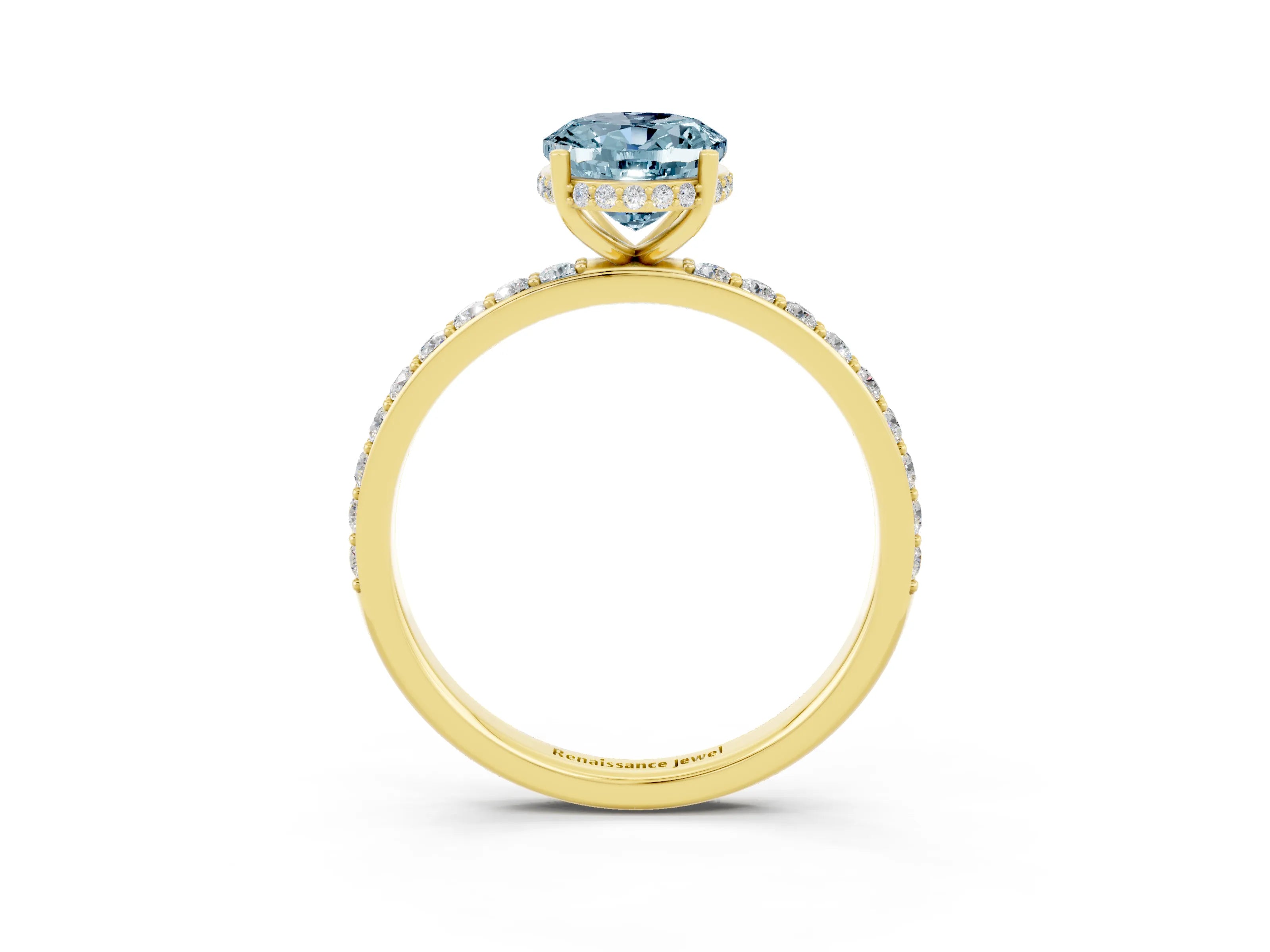 Yellow gold {shape_name} Aquamarine Solitaire Ring with Pavé Band and Hidden Halo_3