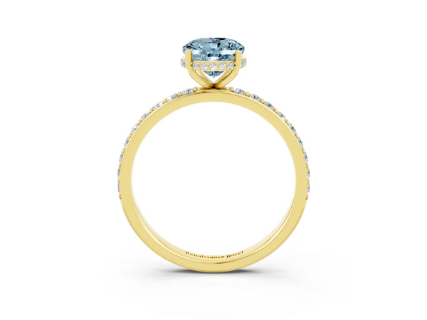 Yellow gold Oval Cut Aquamarine Solitaire Ring with Pavé Band and Hidden Halo