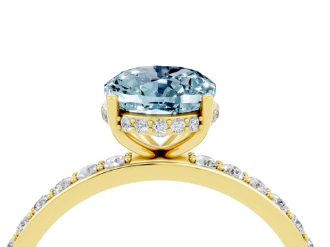 Yellow gold {shape_name} Aquamarine Solitaire Ring with Pavé Band and Hidden Halo_4