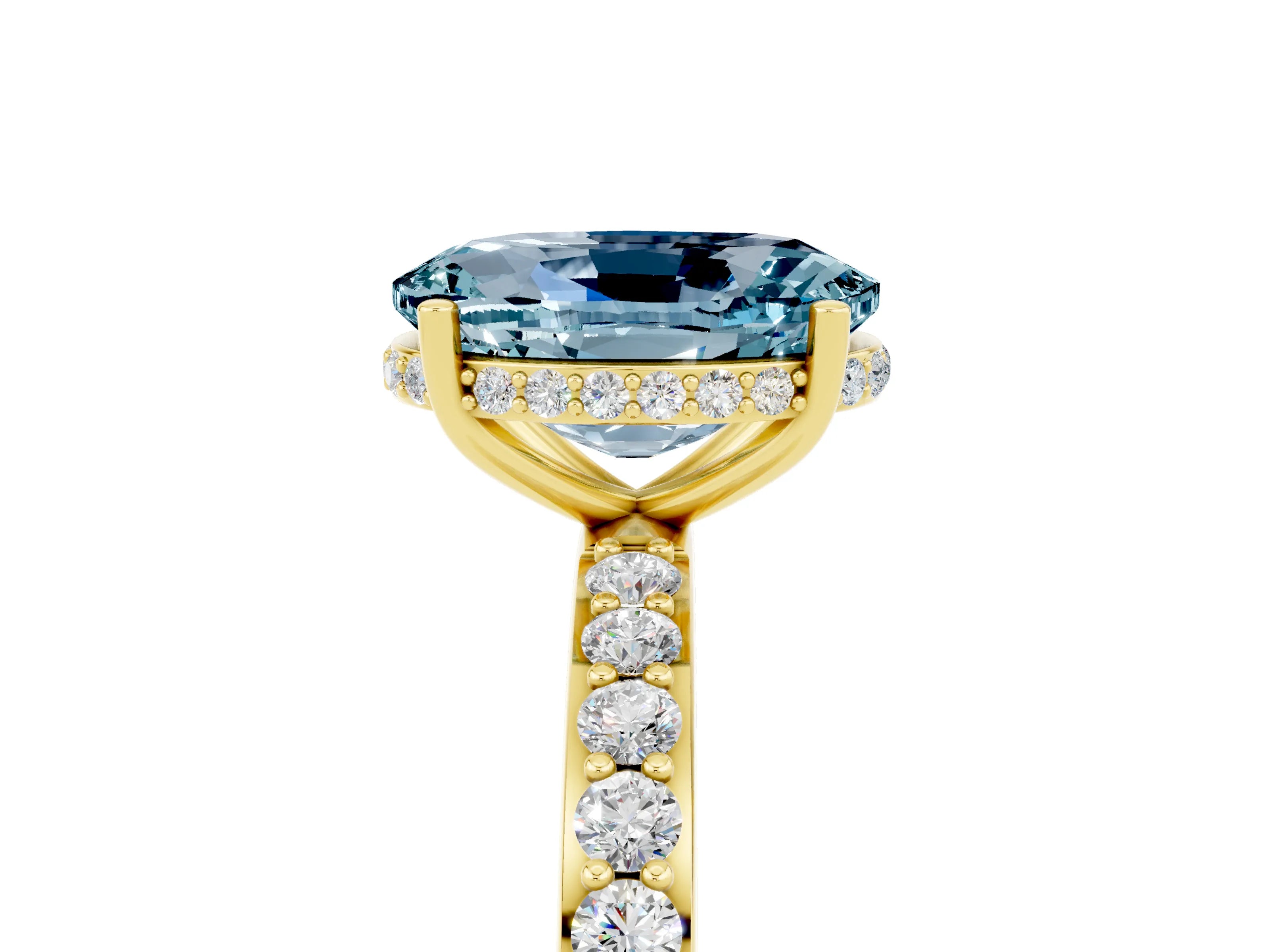 Yellow gold {shape_name} Aquamarine Solitaire Ring with Pavé Band and Hidden Halo_5
