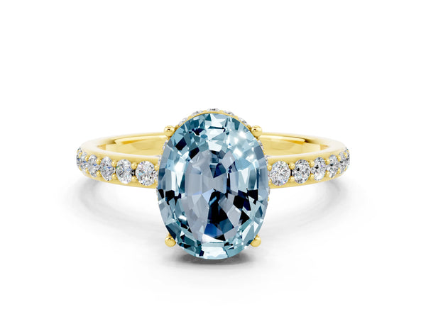 Yellow gold Oval Cut Aquamarine Solitaire Ring with Pavé Band and Hidden Halo