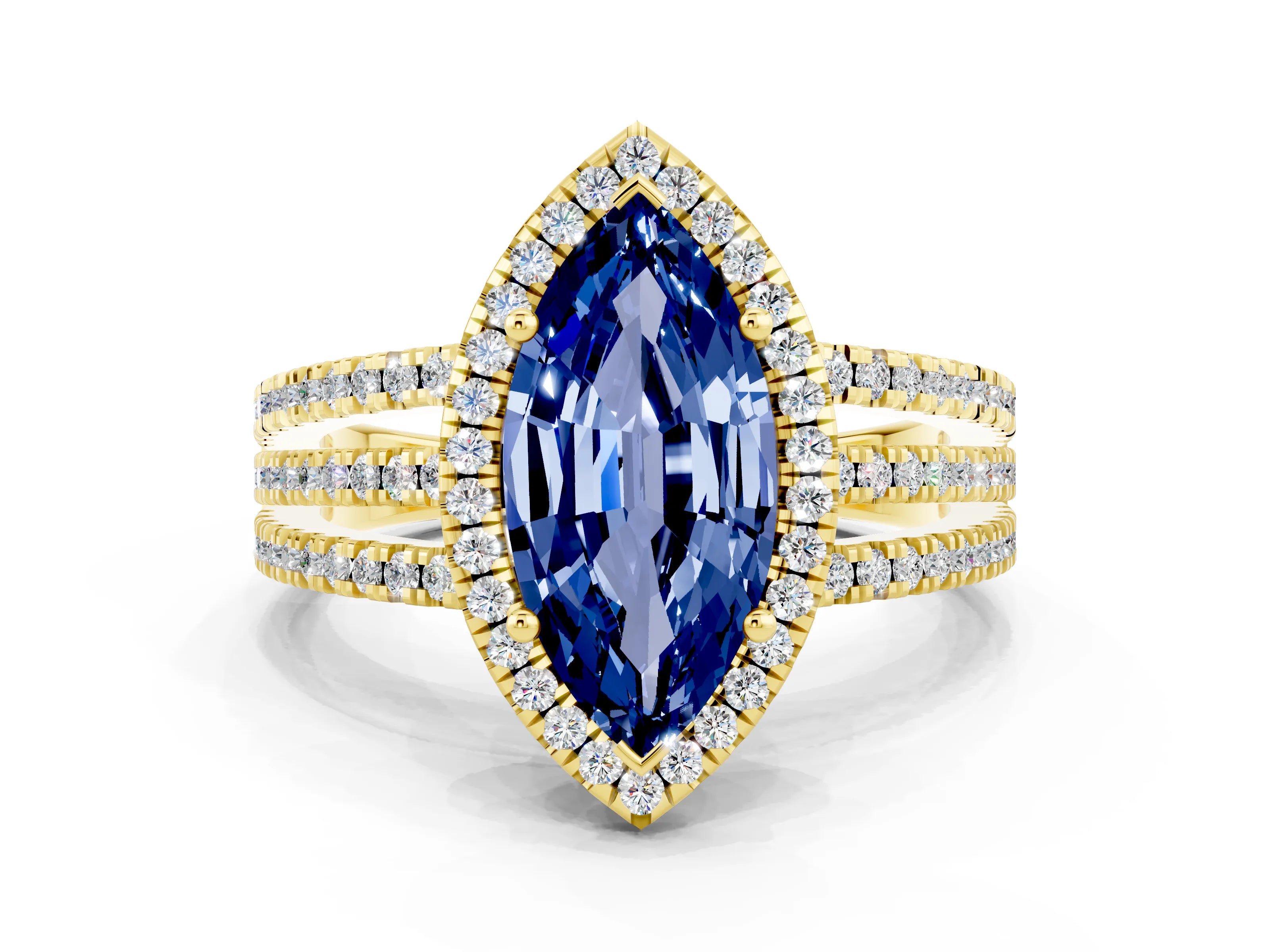 Yellow gold {shape_name} Blue Sapphire Halo Engagement Ring with Split Shank and Four-Prong Setting