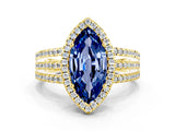 Yellow gold {shape_name} Blue Sapphire Halo Engagement Ring with Split Shank and Four-Prong Setting