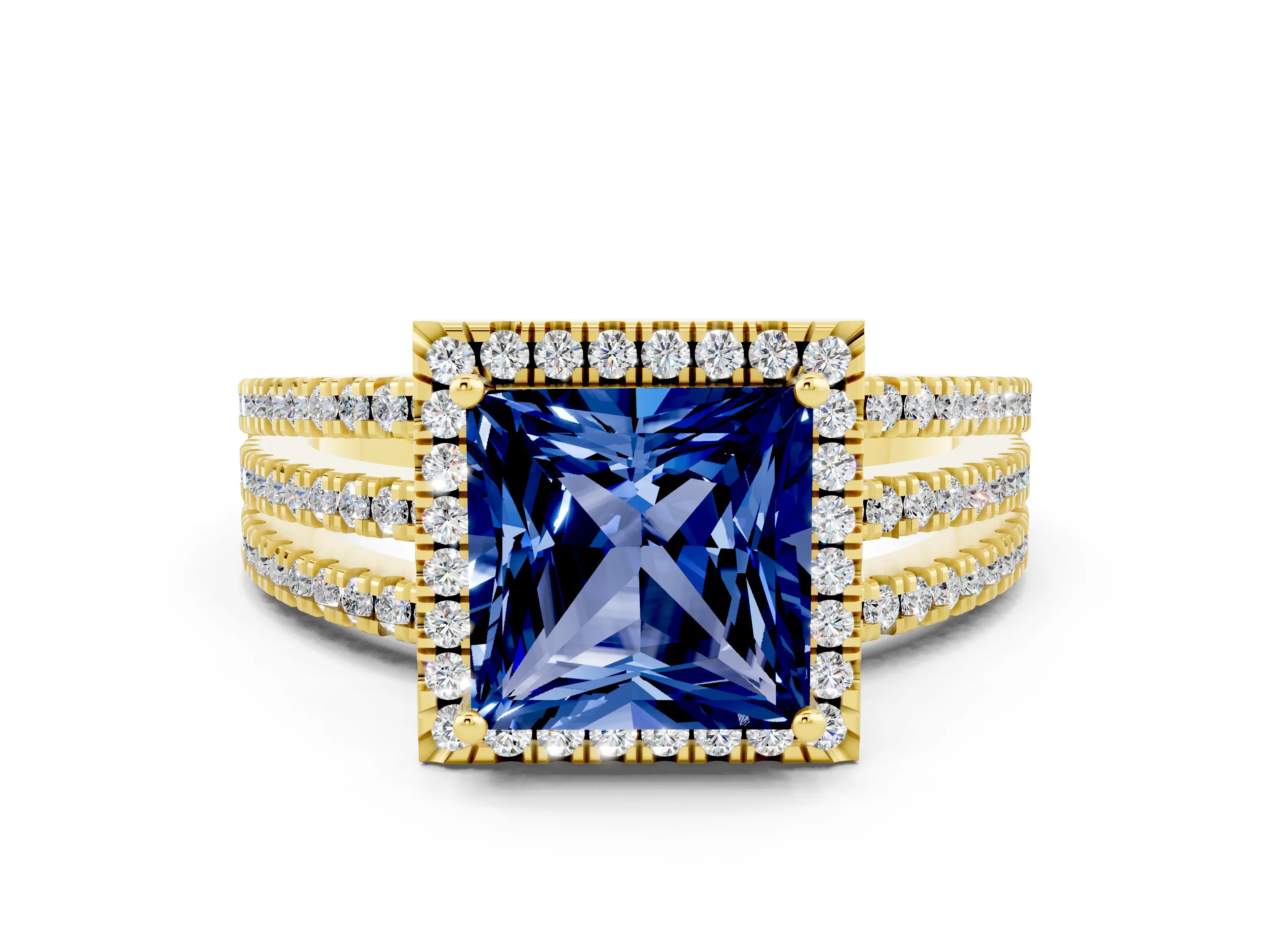 Yellow gold {shape_name} Blue Sapphire Halo Engagement Ring with Split Shank and Four-Prong Setting