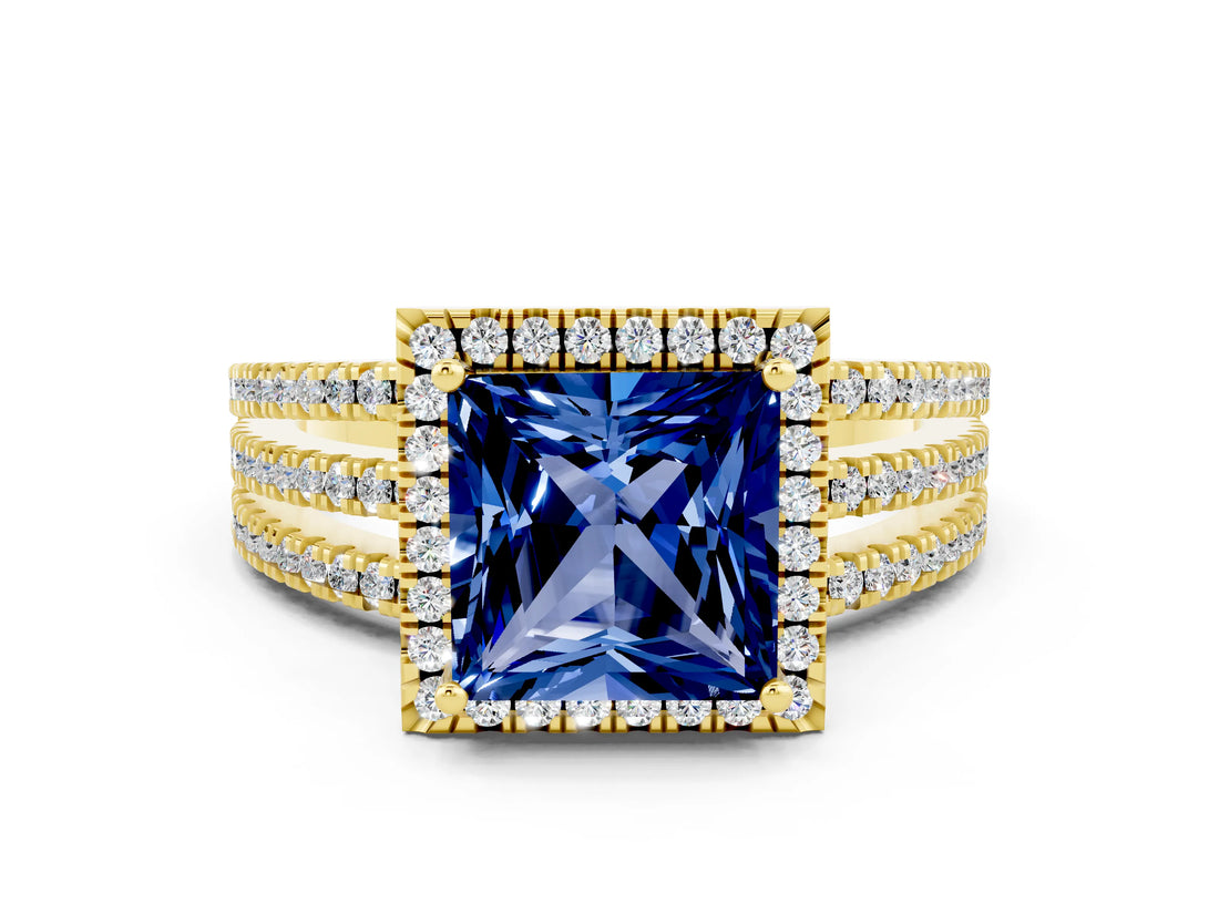 Yellow gold {shape_name} Blue Sapphire Halo Engagement Ring with Split Shank and Four-Prong Setting