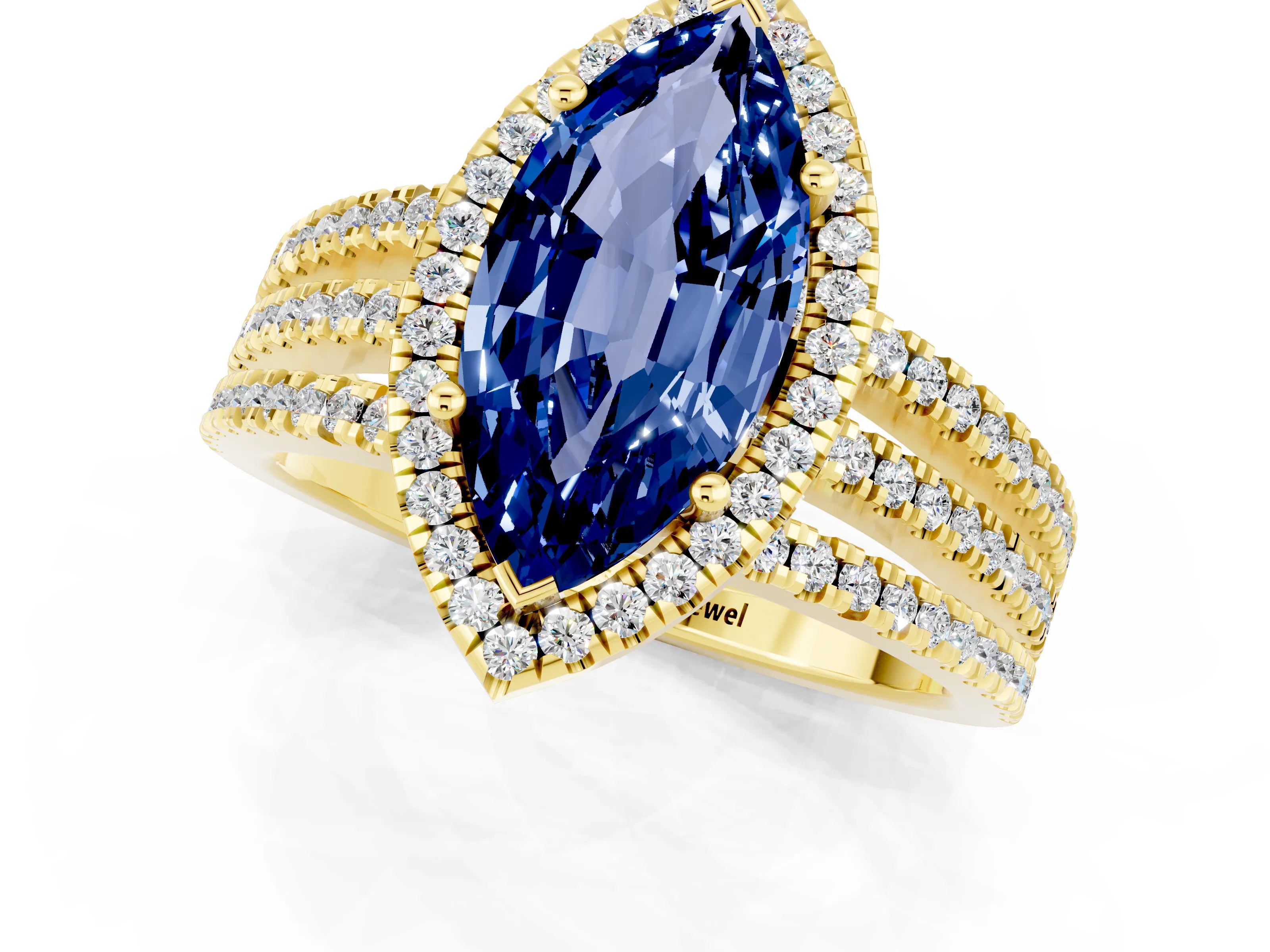 Yellow gold {shape_name} Blue Sapphire Halo Engagement Ring with Split Shank and Four-Prong Setting_1