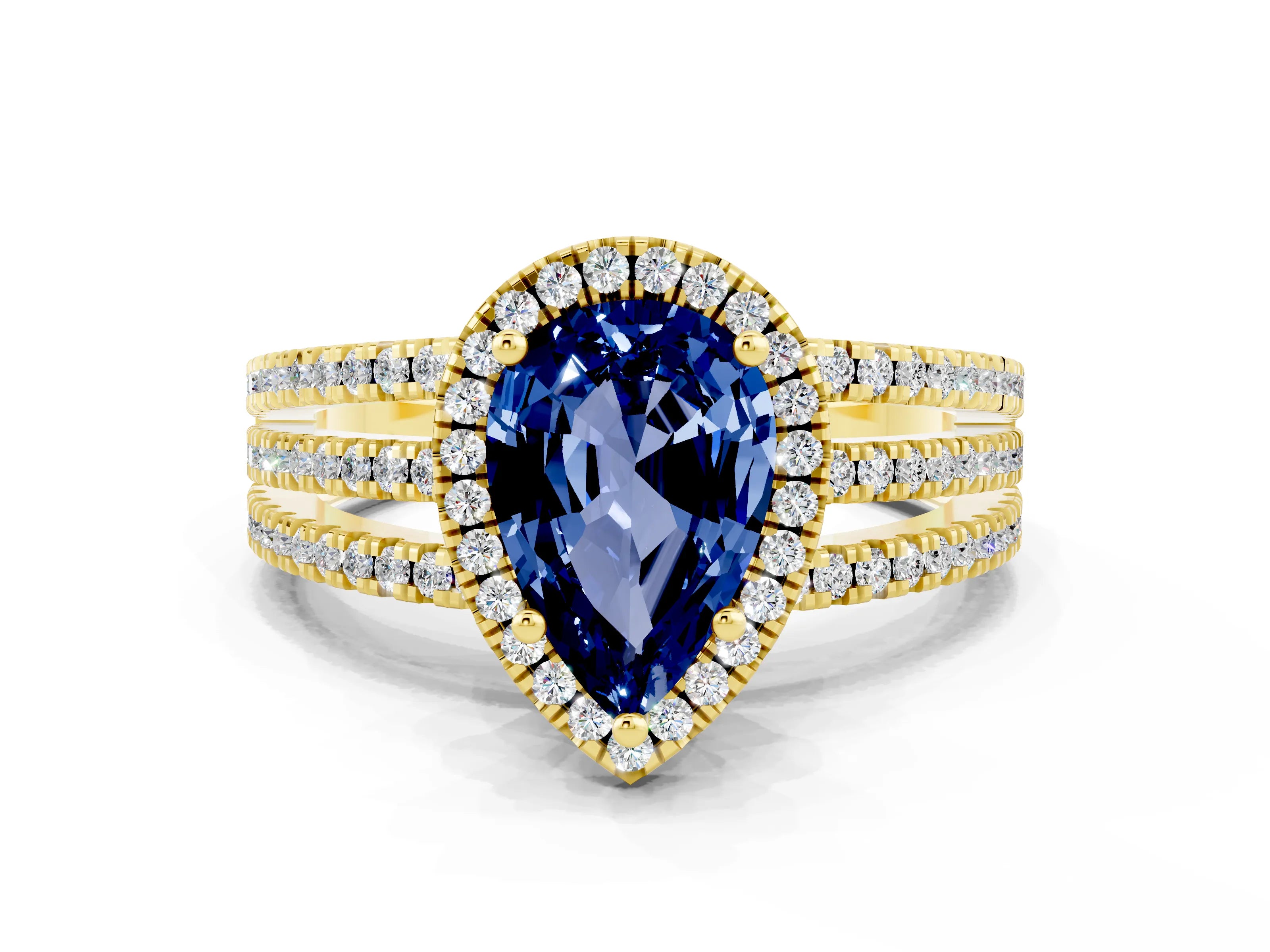 Yellow gold {shape_name} Blue Sapphire Halo Engagement Ring with Split Shank and Four-Prong Setting