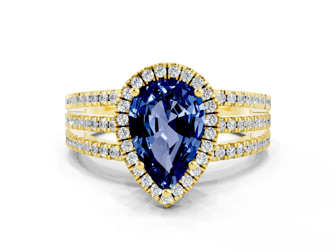 Yellow gold {shape_name} Blue Sapphire Halo Engagement Ring with Split Shank and Four-Prong Setting