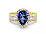 Yellow gold {shape_name} Blue Sapphire Halo Engagement Ring with Split Shank and Four-Prong Setting