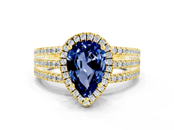 Yellow gold Pear Cut Blue Sapphire Halo Engagement Ring with Split Shank and Four-Prong Setting