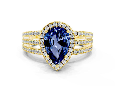 Yellow gold {shape_name} Blue Sapphire Halo Engagement Ring with Split Shank and Four-Prong Setting