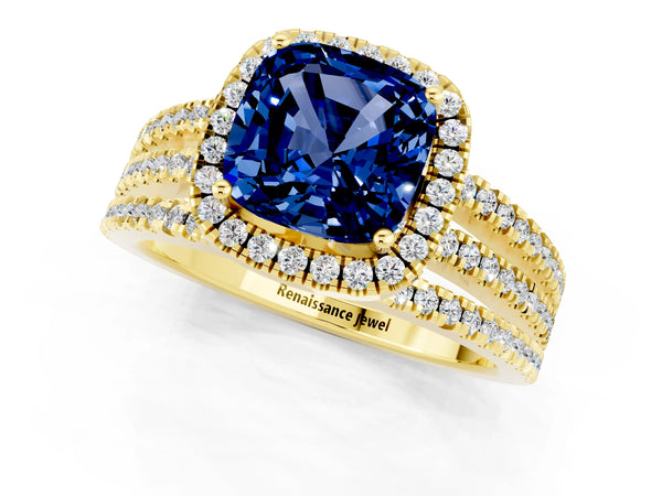 Yellow gold Cushion Cut Blue Sapphire Halo Engagement Ring with Split Shank and Four-Prong Setting
