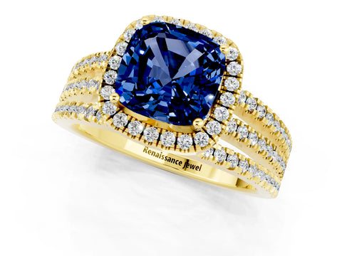 Yellow gold {shape_name} Blue Sapphire Halo Engagement Ring with Split Shank and Four-Prong Setting_1