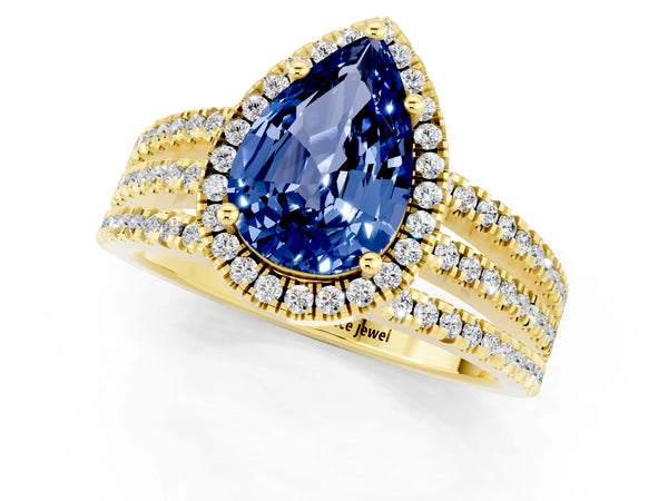 Yellow gold Pear Cut Blue Sapphire Halo Engagement Ring with Split Shank and Four-Prong Setting