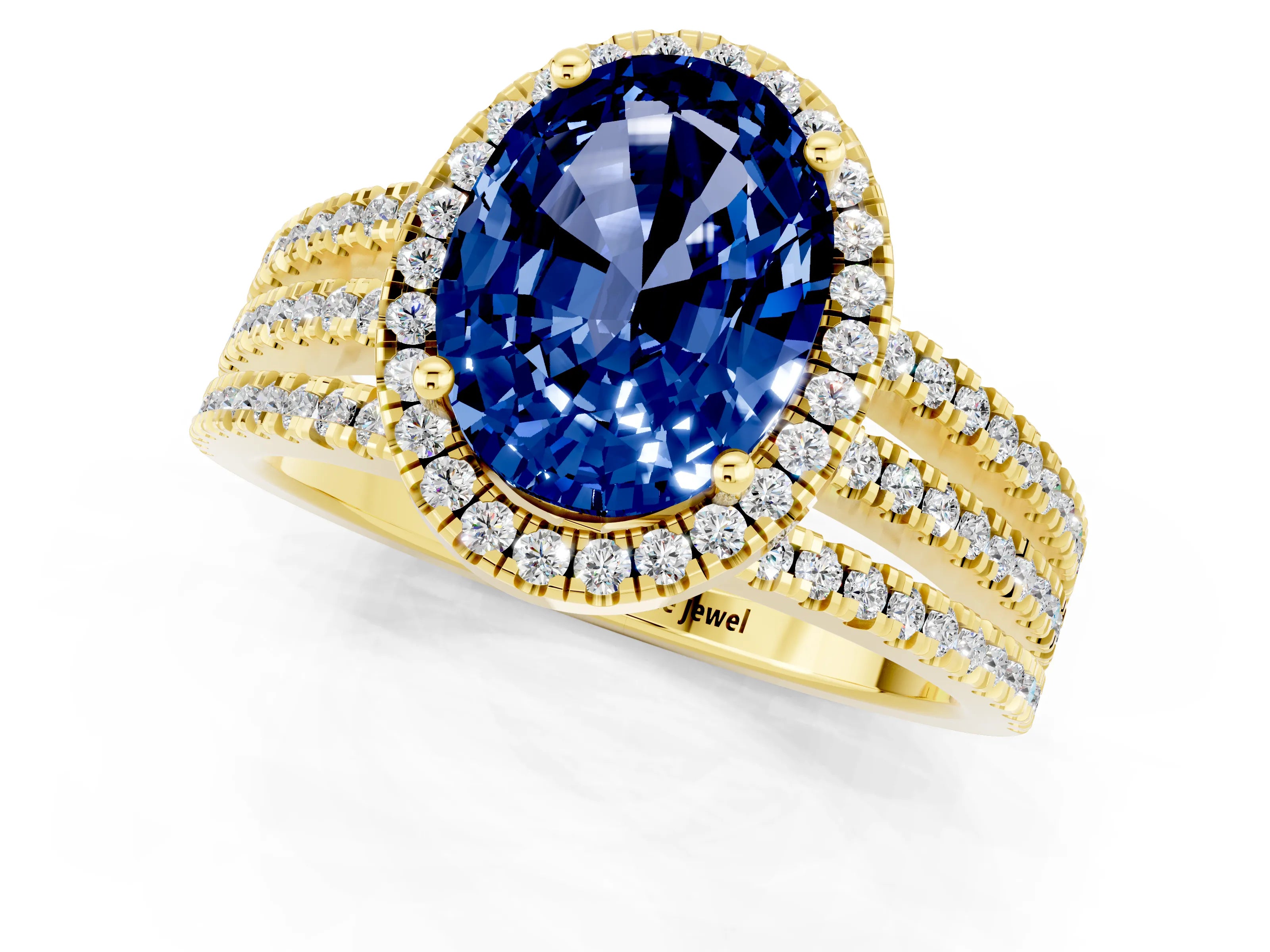 Yellow gold {shape_name} Blue Sapphire Halo Engagement Ring with Split Shank and Four-Prong Setting_1
