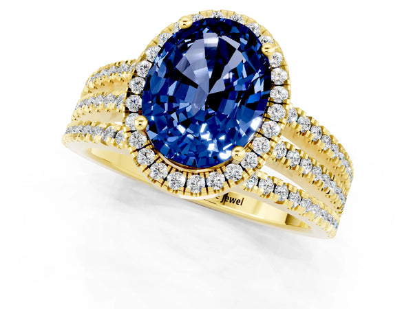 Yellow gold Oval Cut Blue Sapphire Halo Engagement Ring with Split Shank and Four-Prong Setting