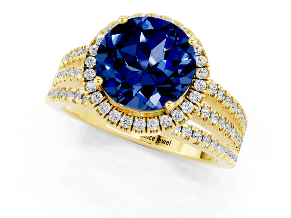 Yellow gold Round Cut Blue Sapphire Halo Engagement Ring with Split Shank and Four-Prong Setting