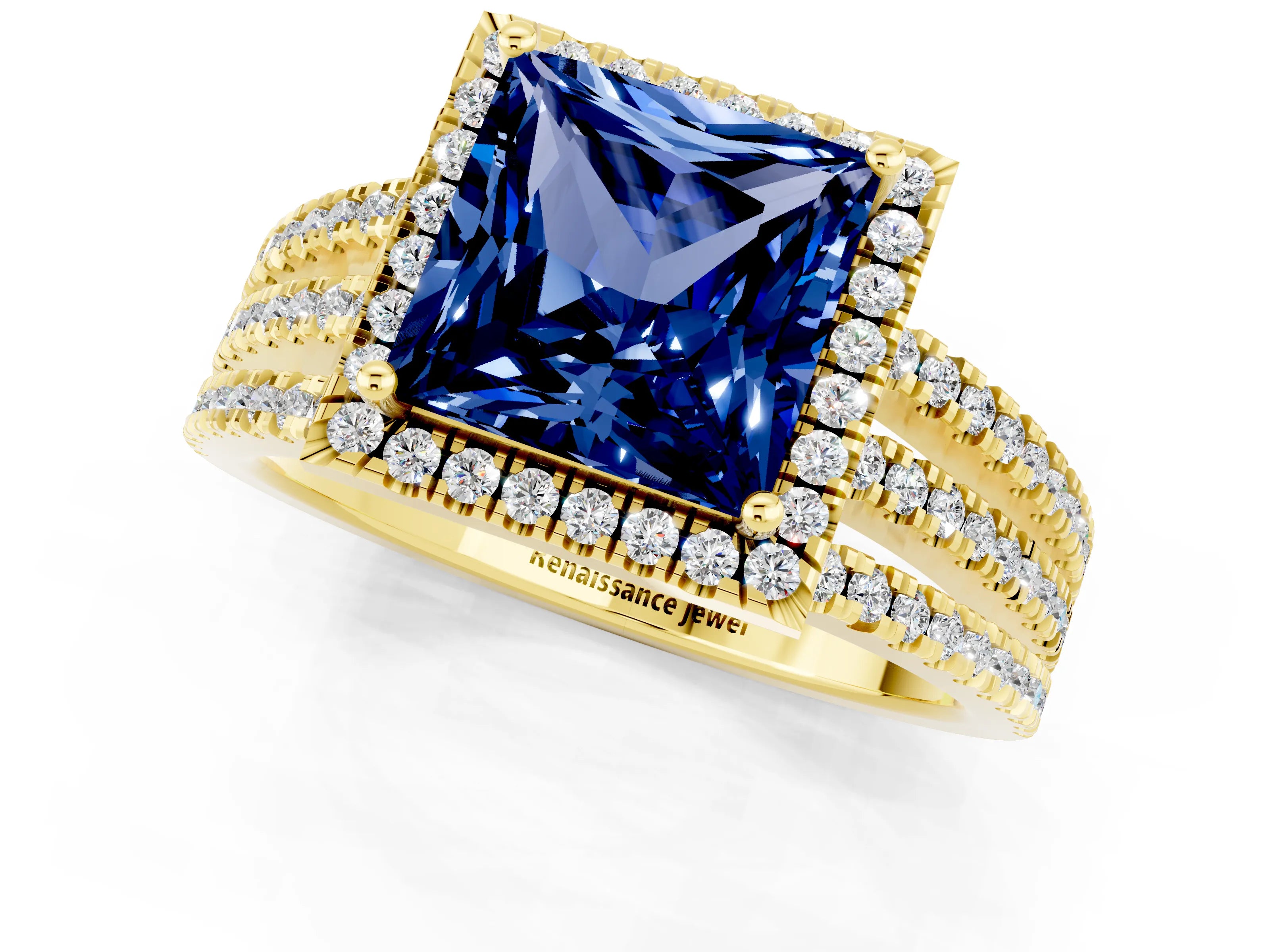 Yellow gold {shape_name} Blue Sapphire Halo Engagement Ring with Split Shank and Four-Prong Setting_1