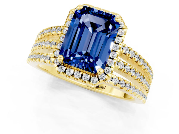 Yellow gold Emerald Cut Blue Sapphire Halo Engagement Ring with Split Shank and Four-Prong Setting