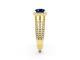 Yellow gold {shape_name} Blue Sapphire Halo Engagement Ring with Split Shank and Four-Prong Setting_2