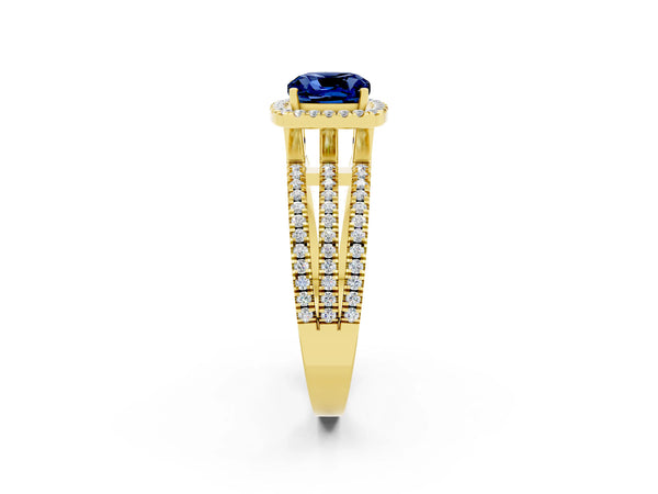 Yellow gold Cushion Cut Blue Sapphire Halo Engagement Ring with Split Shank and Four-Prong Setting