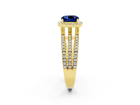 Yellow gold {shape_name} Blue Sapphire Halo Engagement Ring with Split Shank and Four-Prong Setting_2