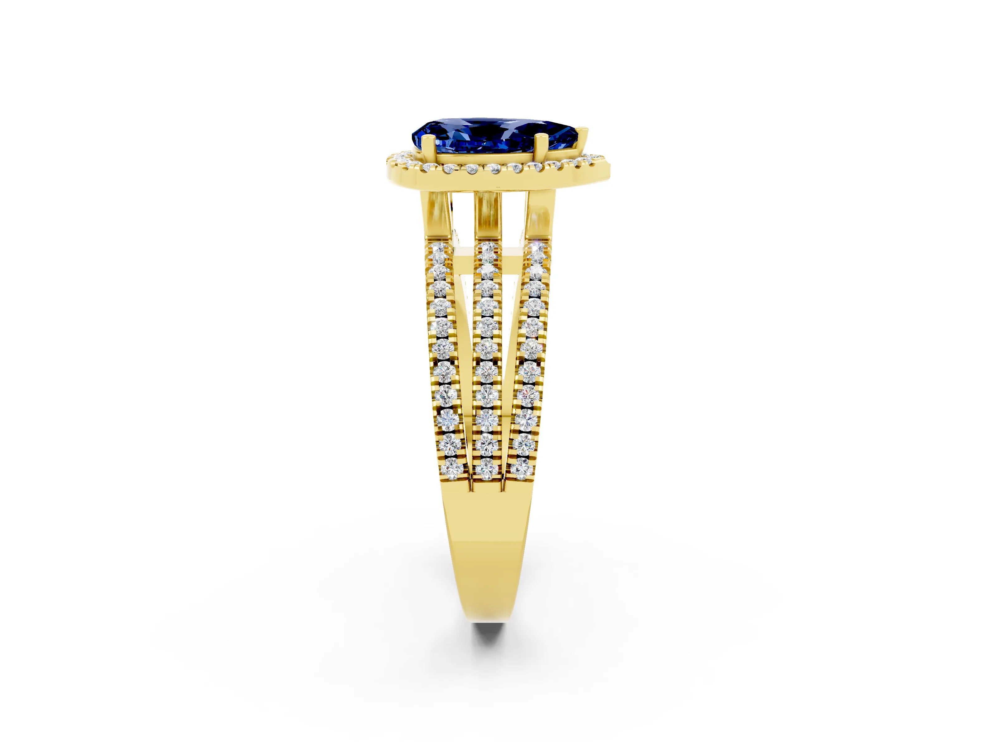 Yellow gold {shape_name} Blue Sapphire Halo Engagement Ring with Split Shank and Four-Prong Setting_2