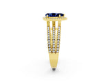 Yellow gold {shape_name} Blue Sapphire Halo Engagement Ring with Split Shank and Four-Prong Setting_2