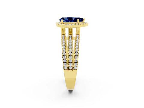 Yellow gold {shape_name} Blue Sapphire Halo Engagement Ring with Split Shank and Four-Prong Setting_2