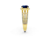 Yellow gold {shape_name} Blue Sapphire Halo Engagement Ring with Split Shank and Four-Prong Setting_2