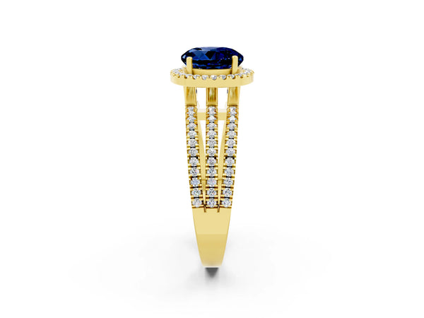 Yellow gold Round Cut Blue Sapphire Halo Engagement Ring with Split Shank and Four-Prong Setting