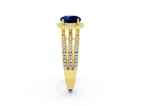 Yellow gold {shape_name} Blue Sapphire Halo Engagement Ring with Split Shank and Four-Prong Setting_2