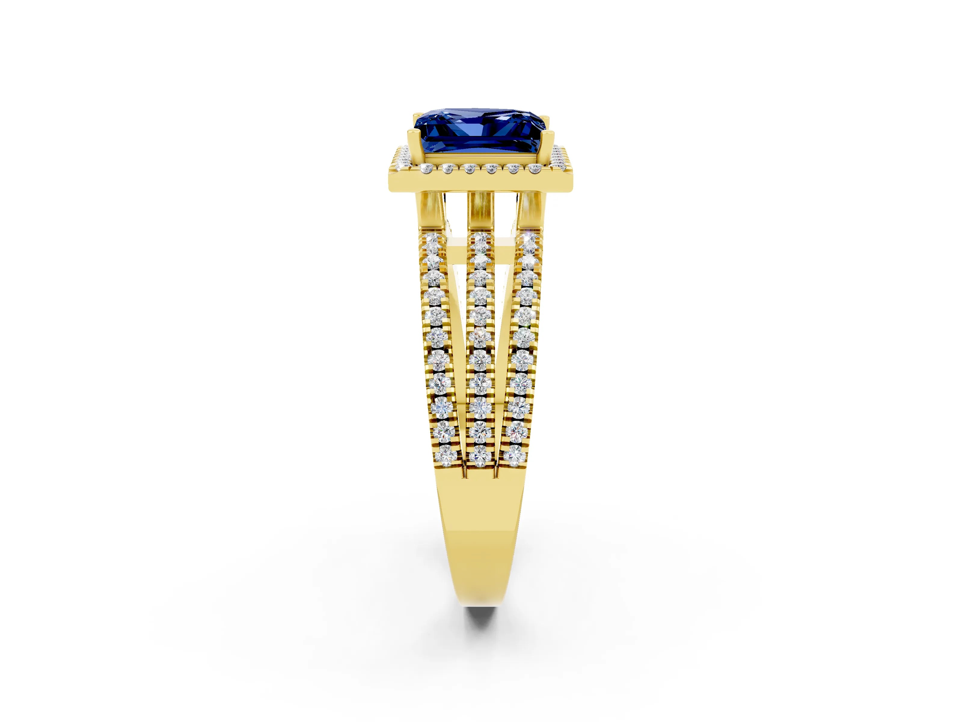 Yellow gold {shape_name} Blue Sapphire Halo Engagement Ring with Split Shank and Four-Prong Setting_2