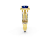 Yellow gold {shape_name} Blue Sapphire Halo Engagement Ring with Split Shank and Four-Prong Setting_2