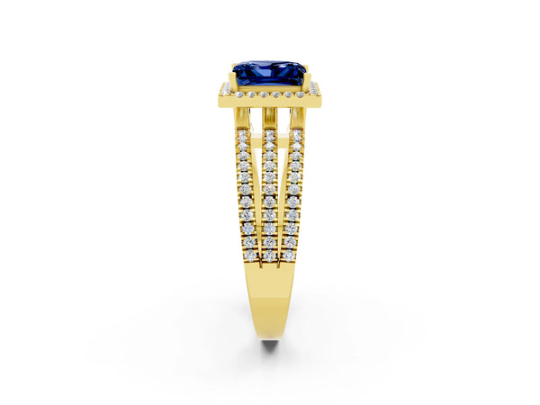 Yellow gold Princess Cut Blue Sapphire Halo Engagement Ring with Split Shank and Four-Prong Setting