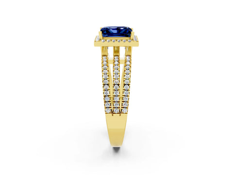 Yellow gold {shape_name} Blue Sapphire Halo Engagement Ring with Split Shank and Four-Prong Setting_2
