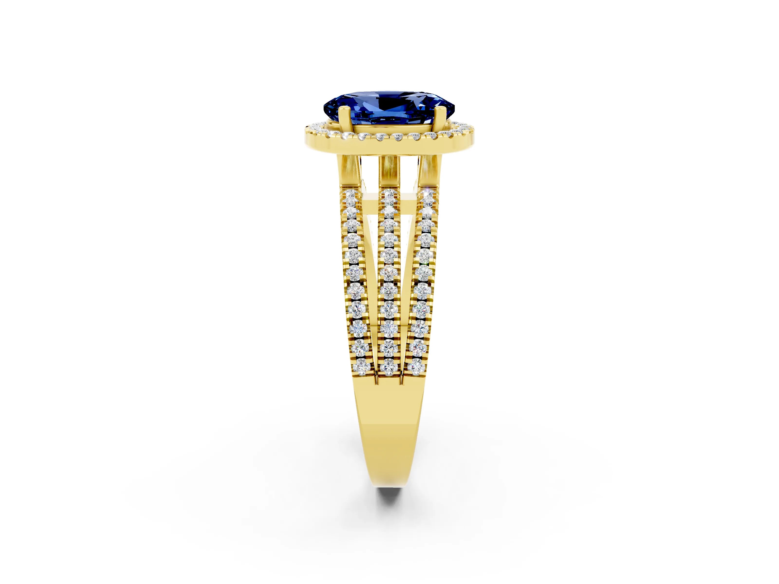 Yellow gold {shape_name} Blue Sapphire Halo Engagement Ring with Split Shank and Four-Prong Setting_2