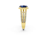 Yellow gold {shape_name} Blue Sapphire Halo Engagement Ring with Split Shank and Four-Prong Setting_2