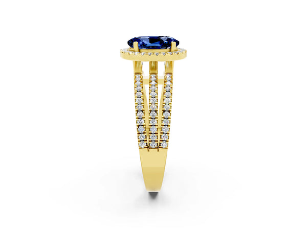 Yellow gold Oval Cut Blue Sapphire Halo Engagement Ring with Split Shank and Four-Prong Setting