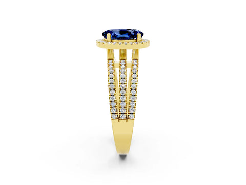 Yellow gold {shape_name} Blue Sapphire Halo Engagement Ring with Split Shank and Four-Prong Setting_2