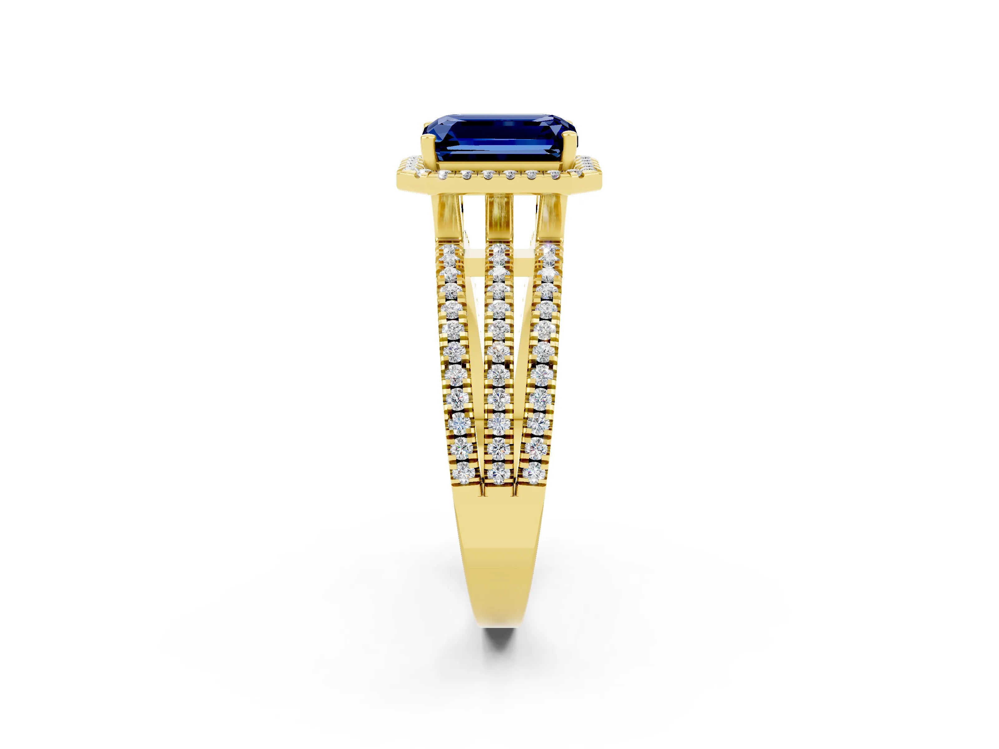 Yellow gold {shape_name} Blue Sapphire Halo Engagement Ring with Split Shank and Four-Prong Setting_2