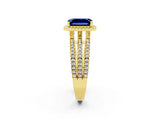 Yellow gold {shape_name} Blue Sapphire Halo Engagement Ring with Split Shank and Four-Prong Setting_2