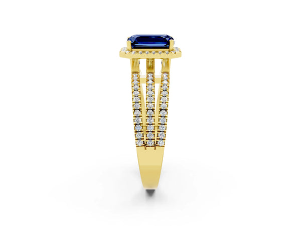 Yellow gold Emerald Cut Blue Sapphire Halo Engagement Ring with Split Shank and Four-Prong Setting