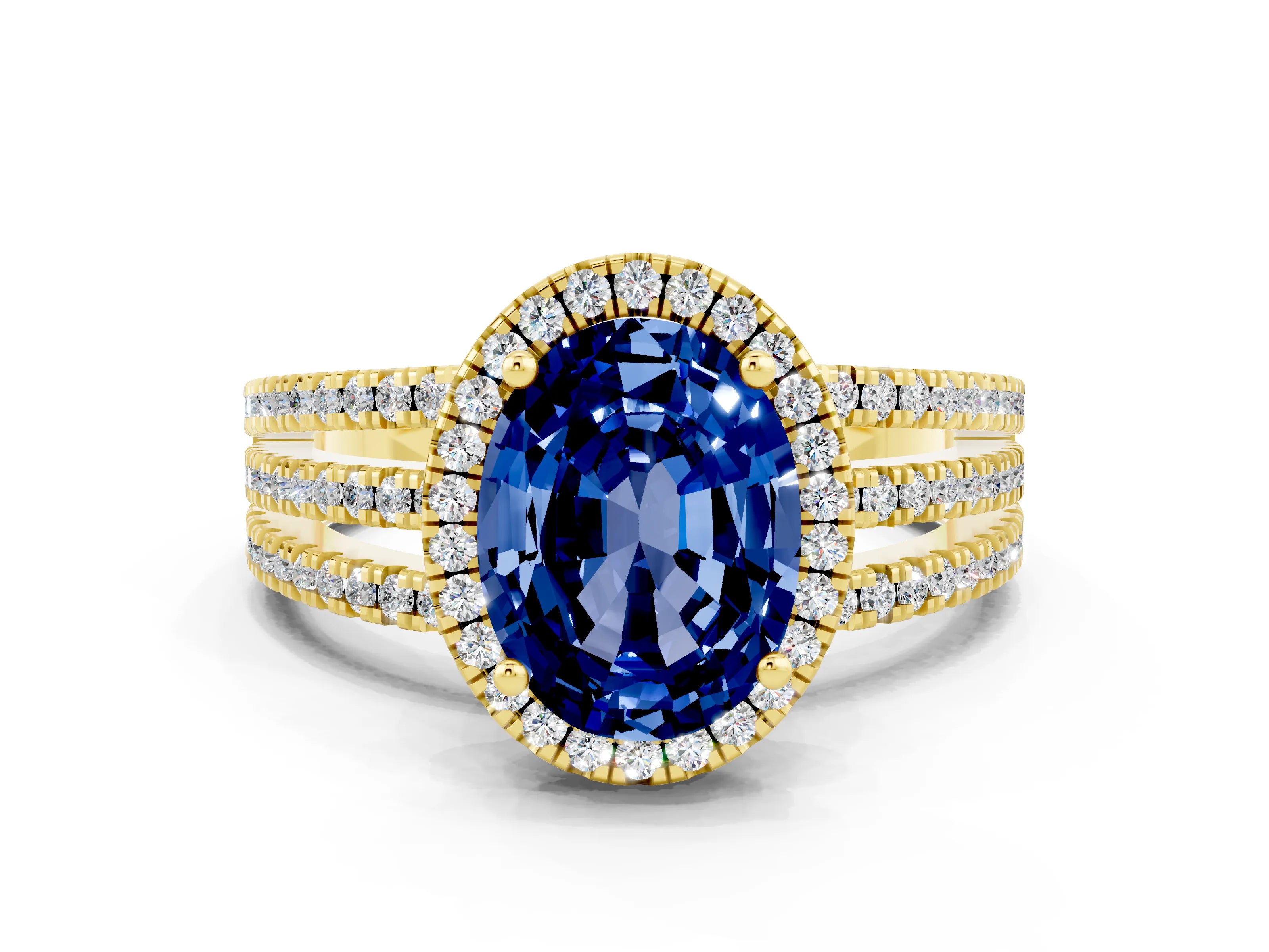 Yellow gold {shape_name} Blue Sapphire Halo Engagement Ring with Split Shank and Four-Prong Setting