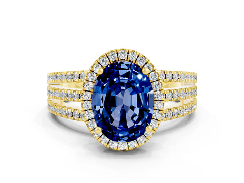 Yellow gold {shape_name} Blue Sapphire Halo Engagement Ring with Split Shank and Four-Prong Setting