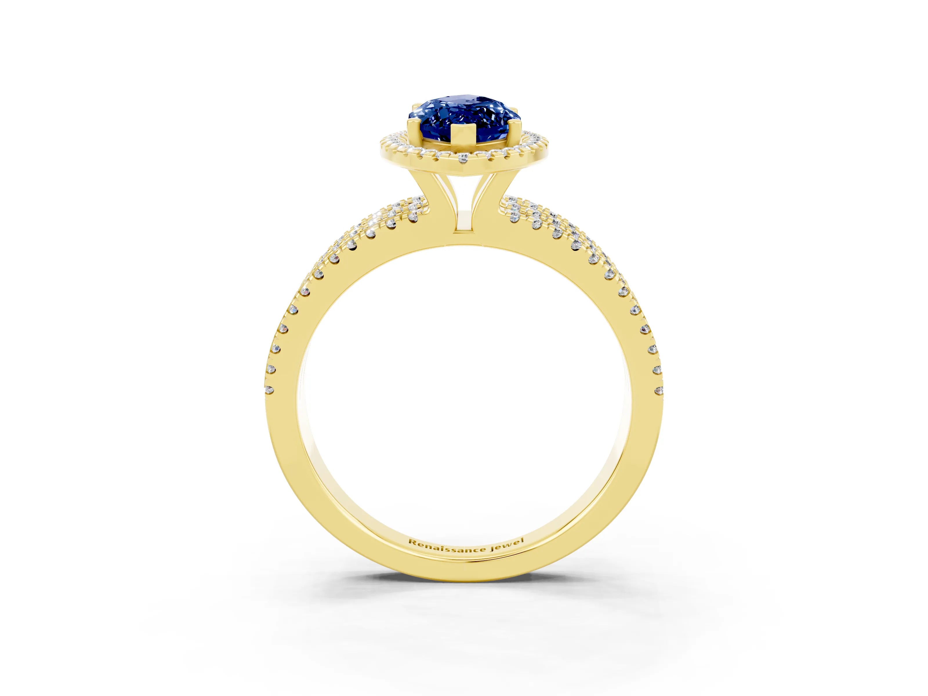 Yellow gold {shape_name} Blue Sapphire Halo Engagement Ring with Split Shank and Four-Prong Setting_3